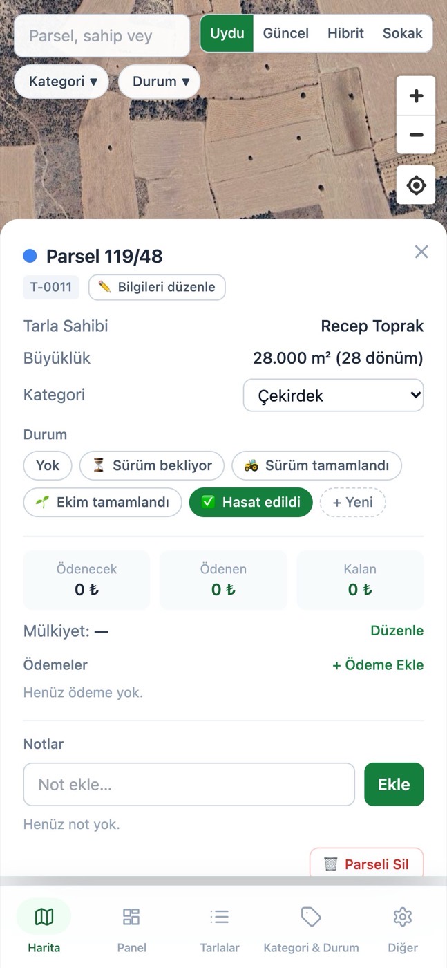 MercanApp telefon görünümü: Parselin sahibi, büyüklüğü, kategorisi ve durumu