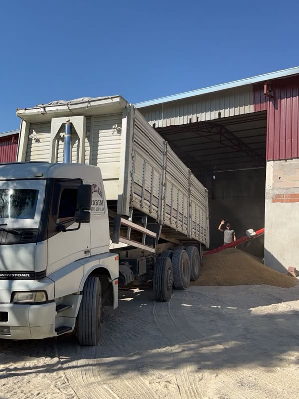 Kamyon depoya hububat boşaltıyor